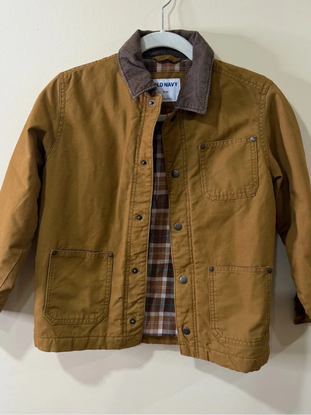Size 8 Medium Old Navy Brown Kids' Canvas Jacket with Dark Brown Corduroy Collar
